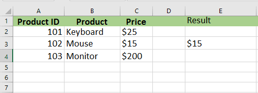Basic VLOOKUP Formula Result