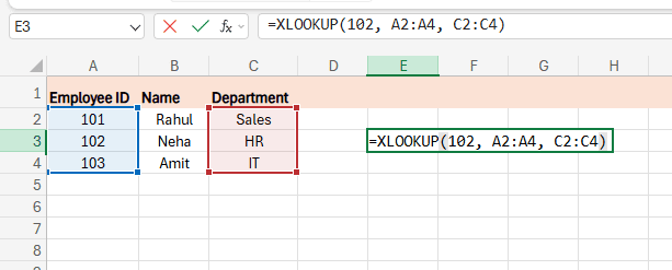 Excel looks for 102 in column A and returns its matching value from column C, which is HR.