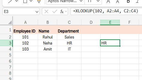 Excel looks for 102 in column A and returns its matching value from column C, which is HR.