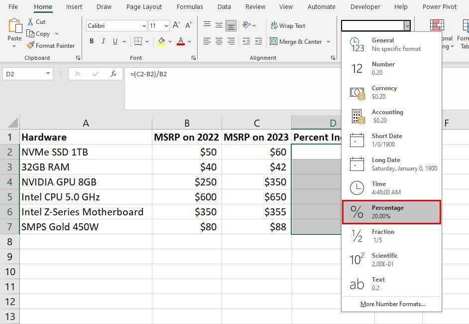 5 Ways to Calculate Percentage Increase in Microsoft Excel