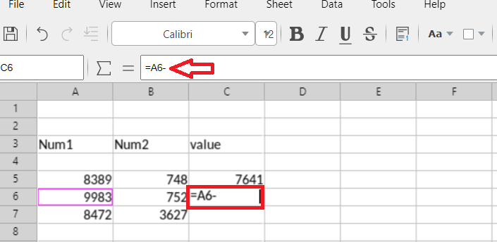 excel formula for subtracting