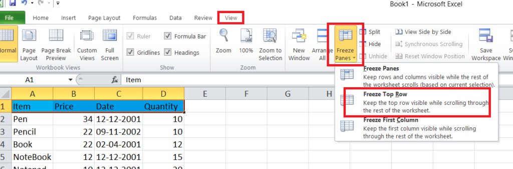 freeze rows in Excel 