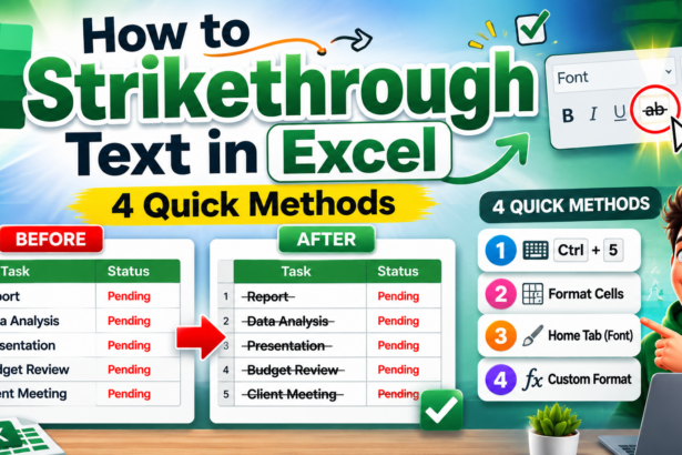 strikethrough in Excel, Excel strikethrough shortcut, Ctrl+5 Excel, how to strikethrough text Excel, Excel Format Cells strikethrough, conditional formatting strikethrough Excel 2025