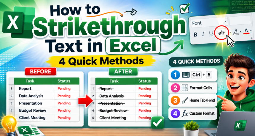 strikethrough in Excel, Excel strikethrough shortcut, Ctrl+5 Excel, how to strikethrough text Excel, Excel Format Cells strikethrough, conditional formatting strikethrough Excel 2025